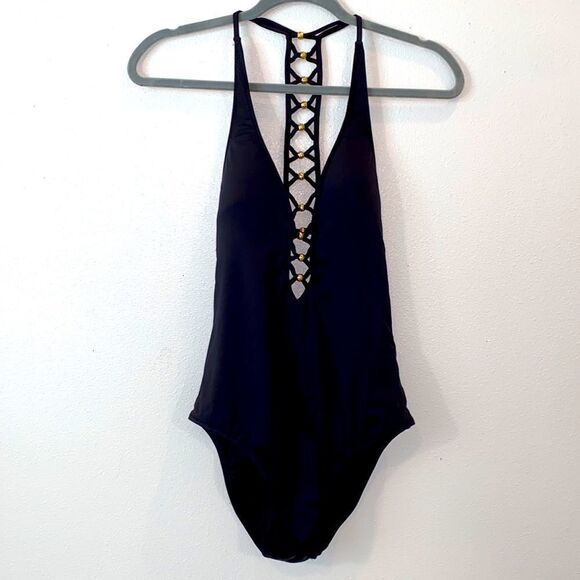 Trina Turk Algiers V-Plunge Embellished One- Piece Black Swimsuit TT0722 - Picture 8 of 16